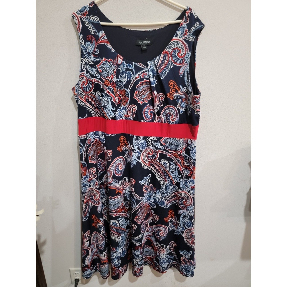 Perceptions Blue Paisley Print Sleeveless Empire Waist Dress Womens Plus 3X‎